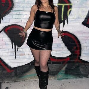 Black Faux Leather Crop Top and Skirt Set